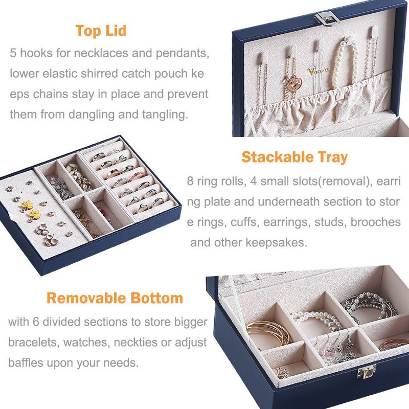 Voova Jewelry Box Organizer for Women Girls, 2 Layer Large Men Jewelry Storage Case,PU Leather Display Jewellery Holder with Removable Tray for Necklace Earrings Rings Braceletsï¼ŒVintage Giftï¼ŒNavy Blue - Image 2